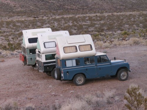 The Old Mojave Road in 2007. My truck in the foreground, TeriAnn Wakeman's Green Rover behind it and James and Kelly's Euro 6-pot in the background.